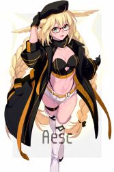 Rule 34 | 1girl, aesc (fate), beret, blonde hair, blue eyes, blush, braid, breasts, cleavage, echo (circa), fate/grand order, fate (series), glasses, hat, head wings, jacket, large breasts, long hair, long sleeves, looking at viewer, official alternate costume, open clothes, open jacket, open mouth, smile, solo, thighhighs, twin braids, wings