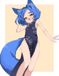 Rule 34 | 1girl, absurdres, adjusting hair, animal ear fluff, animal ears, arm at side, bare legs, black dress, blue hair, blush, breasts, china dress, chinese clothes, dress, fang, fox ears, fox girl, fox tail, groin, hand up, highres, looking at viewer, miya (myakuro), myakuro, open mouth, original, red eyes, short hair, side slit, skin fang, slit pupils, small breasts, solo, standing, tail