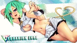 Rule 34 | 10s, 1girl, aquarion (series), aquarion evol, bad id, bad pixiv id, blush, breasts, cleavage, cleavage cutout, clothing cutout, geppewi, green hair, highres, large breasts, looking at viewer, lying, midriff, navel, no bra, on side, open mouth, purple eyes, short hair, short shorts, shorts, smile, solo, squinting, underboob, uneven eyes, wallpaper, zessica wong