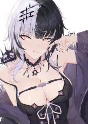 Rule 34 | 1girl, black hair, black nails, breasts, choker, chyraliss, cleavage, coat, highres, hololive, hololive english, lace, lace choker, large breasts, looking at viewer, multicolored hair, off-shoulder coat, off shoulder, shiori novella, shiori novella (1st costume), smile, solo, two-tone hair, virtual youtuber, white hair, yellow eyes, yorick (shiori novella)