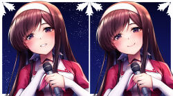 Rule 34 | 1girl, blush, border, brown hair, close-up, closed mouth, commentary request, eyelashes, hairband, hands up, highres, holding, holding microphone, long hair, looking at viewer, marutenmaruten, microphone, morikawa yuki, multiple views, parted bangs, parted lips, simple background, sky, sleeves past wrists, smile, star (sky), starry sky, straight hair, white album, white album (series), white border, white hairband, white sleeves, wide sleeves
