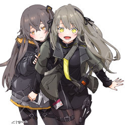 Rule 34 | 2girls, artist name, black gloves, black jacket, black ribbon, blush, brown hair, citron80citron, commentary, english commentary, fingerless gloves, girls&#039; frontline, gloves, hair ribbon, highres, jacket, looking at viewer, looking back, multiple girls, name tag, open mouth, orange eyes, pantyhose, ribbon, scar, scar on face, shirt, simple background, ump40 (girls&#039; frontline), ump45 (girls&#039; frontline), white shirt, yellow eyes