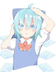 Rule 34 | 1girl, ahoge, aqua hair, blue bow, blue dress, blue eyes, bow, cirno, commentary request, cropped torso, detached wings, dress, hair bow, hands in hair, hands up, ice, ice wings, kae karee, medium hair, motion lines, red neckwear, shirt, short sleeves, simple background, solo, touhou, upper body, white background, white shirt, wings