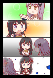 Rule 34 | 2girls, :d, absurdres, bang dream!, black border, black hair, book, border, brown eyes, bubble background, butterfly hair ornament, comic, embarrassed, flower, flying sweatdrops, frilled sleeves, frills, grey hair, hair flower, hair ornament, hands up, highres, holding, holding book, kyou (fr39), long hair, long sleeves, minato yukina, multiple girls, neck ribbon, no eyes, open mouth, petals, purple eyes, ribbon, shirokane rinko, silent comic, smile, wavy mouth