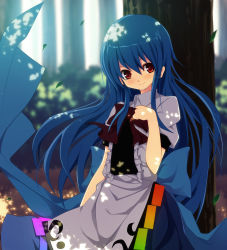 Rule 34 | 1girl, bad id, bad pixiv id, blue hair, dappled sunlight, female focus, forest, gintarou (kurousagi108), hair between eyes, hand on another&#039;s chest, hand on own chest, highres, hinanawi tenshi, long hair, maid koubou, nature, no headwear, red eyes, smile, solo, sunlight, touhou, tree, very long hair
