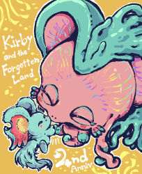 Rule 34 | animal ears, anniversary, blush stickers, closed eyes, commentary request, elfilin, fecto forgo, fecto forgo (larva), highres, kirby (series), kirby and the forgotten land, mouse ears, nanami (13mimi), nintendo, no humans, notched ear, tail, yellow background