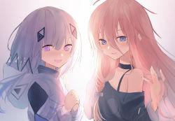 Rule 34 | 2girls, absurdres, backlighting, bare shoulders, black choker, black shirt, blouse, blue eyes, braid, cevio, choker, collarbone, commentary request, grey hair, hair ornament, highres, hood, hooded jacket, ia (vocaloid), jacket, kafu (cevio), long hair, multiple girls, off shoulder, own hands clasped, own hands together, pink hair, poono, purple eyes, shirt, upper body, very long hair, vocaloid, white jacket