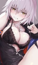 Rule 34 | 1girl, bee doushi, black bra, blush, bra, breasts, cleavage, clenched teeth, collarbone, commentary request, fate/grand order, fate (series), highres, jacket, jeanne d&#039;arc (fate), jeanne d&#039;arc alter (fate), jeanne d&#039;arc alter (ver. shinjuku 1999) (fate), jewelry, large breasts, looking at viewer, necklace, official alternate costume, pale skin, short hair, sweat, teeth, thighs, underwear, white hair, wicked dragon witch ver. shinjuku 1999, yellow eyes