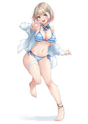 Rule 34 | 1girl, :d, barefoot, bikini, blue bikini, blue bow, blue bowtie, bow, bowtie, breasts, brown eyes, brown hair, cleavage, commentary request, feet, full body, highres, large breasts, legs, long sleeves, nail polish, navel, off-shoulder shirt, off shoulder, open mouth, original, shirt, side-tie bikini bottom, simple background, smile, solo, standing, standing on one leg, striped bikini, striped clothes, swimsuit, teeth, thigh strap, toenail polish, toenails, toes, upper teeth only, white background, white shirt, wing (aiastor)