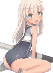 Rule 34 | 1girl, ass, back, belt, blue eyes, blush, flower, hair between eyes, hair flower, hair ornament, isegawa yasutaka, kantai collection, legs, open mouth, ro-500 (kancolle), school uniform, simple background, sitting, slippers, smile, solo, swimsuit, swimsuit under clothes, tan, tanline, thighs, torpedo, wariza, white hair