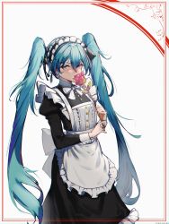 Rule 34 | 1girl, alternate costume, apron, back bow, black dress, blue eyes, blue hair, blush, border, bow, bowtie, commentary request, cowboy shot, dress, enmaided, flower, frilled apron, frilled dress, frills, hatsune miku, highres, holding, holding flower, juliet sleeves, long hair, long sleeves, looking at viewer, maid, maid headdress, pink flower, pink rose, puffy sleeves, red border, rose, rzx0, simple background, solo, twintails, very long hair, vocaloid, white apron, white background, white bow, white bowtie