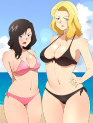 Rule 34 | 2girls, ass, black hair, blonde hair, blue eyes, breasts, highres, large breasts, mature female, medium breasts, multiple girls, open mouth, poron (pixiv id 17549041), swimsuit