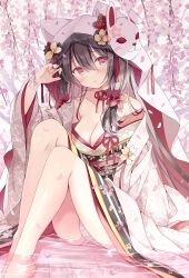 Rule 34 | 1girl, animal hood, bare legs, barefoot, blush, breasts, brown hair, cherry blossoms, choker, cleavage, collarbone, commentary, floral print, flower, fox hood, fox mask, twirling hair, hood, hoshino koucha, japanese clothes, kimono, large breasts, looking at viewer, mask, off shoulder, open clothes, original, panties, pantyshot, petals, red eyes, ripples, side ponytail, sitting, underwear, water