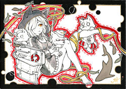 Rule 34 | 1girl, animal, barefoot, blunt bangs, breasts, chinese commentary, cleavage, color ink (medium), dog, fish, hair over one eye, highres, holding, holding animal, hood, hoodie, knee up, leg up, lifebuoy, limited palette, open mouth, orange eyes, outline, puppy, ribbon, rigging, shark, signature, sitting, solo, swim ring, swimsuit, u81 (warship girls r), warship girls r, wolf, yellow ribbon, yu zhiju
