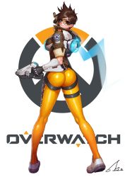 Rule 34 | 1girl, absurdres, ass, back, bodysuit, bomber jacket, brown eyes, brown hair, from behind, gloves, goggles, gonster, gun, handgun, highres, jacket, looking at viewer, looking back, overwatch, overwatch 1, short hair, smile, solo, spiked hair, thighs, tracer (overwatch), weapon
