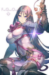 Rule 34 | 1girl, blush, bodysuit, breasts, cleavage, fate/grand order, fate (series), fingerless gloves, gloves, large breasts, long hair, looking at viewer, minamoto no raikou (fate), purple eyes, purple hair, sitting, smile, solo, very long hair, yoshimoto (dear life)