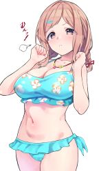 Rule 34 | 1girl, :&lt;, absurdres, bikini, blue bikini, breasts, brown eyes, brown hair, collarbone, commentary request, fingernails, floral print, frown, hair ornament, hairclip, highres, idolmaster, idolmaster shiny colors, jewelry, large breasts, navel, necklace, print bikini, sakuragi mano, simple background, solo, sutora binsuke, swimsuit, thighs, white background