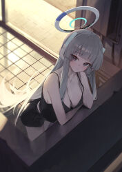 Rule 34 | 1girl, absurdres, alternate costume, arm rest, black camisole, black shorts, blue archive, blunt bangs, blush, breasts, camisole, cleavage, collarbone, gnns, grey hair, halo, headgear, highres, indoors, kneeling, large breasts, long hair, looking at viewer, noa (blue archive), purple eyes, shorts, solo, straight hair, tile floor, tiles, very long hair