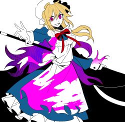 Rule 34 | 1girl, apron, axe, back bow, battle axe, black background, blonde hair, blood, blood on clothes, blood splatter, blue dress, blue sleeves, bow, bowtie, dress, dual-personality maid amy, feet out of frame, frilled apron, frilled dress, frills, guardian tales, hat, highres, holding, holding polearm, holding weapon, juliet sleeves, long dress, long hair, long sleeves, maid, mob cap, multicolored hair, open mouth, outstretched hand, pink blood, pink eyes, pink hair, polearm, puffy sleeves, red bow, red bowtie, simple background, smile, solo, tiankong yiji, torn apron, torn clothes, torn sleeves, two-tone background, two-tone hair, very long hair, weapon, white apron, white background, white bow, white hat