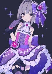 Rule 34 | 1girl, bare shoulders, black background, blue ribbon, copyright request, cowboy shot, dress, eyes visible through hair, flower, garter straps, gloves, grey eyes, grey hair, hair intakes, hair ribbon, hand up, highres, index finger raised, looking at viewer, mochizuki kei, parted lips, pink flower, pink rose, purple dress, purple gloves, ribbon, rose, short hair, simple background, smile, solo, sparkle, standing, thigh gap, thighhighs, unmoving pattern