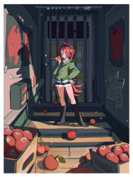 Rule 34 | 1girl, absurdres, apple, boots, casual, crate, dated, food, fruit, hand on own hip, highres, holding, holding food, holding fruit, hood, hoodie, jacket, long hair, mahou shoujo madoka magica, mahou shoujo madoka magica (anime), open mouth, ponytail, red eyes, red hair, sakura kyoko, sanyang003, shadow, shorts, solo, very long hair