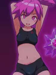 Rule 34 | 1girl, armpits, asymmetrical hair, bare shoulders, batta 16-sei, breasts, cleavage, corruption, creatures (company), game freak, gen 1 pokemon, green eyes, gym leader, hair bun, hair tie, highres, looking at viewer, medium breasts, mind control, misty (pokemon), navel, nintendo, pink hair, pokemon, pokemon (anime), pokemon (classic anime), ponytail, short hair, side ponytail, simple background, smile, solo, starmie, swimsuit, thighs
