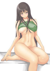 Rule 34 | 1girl, bare shoulders, barefoot, black hair, blush, bottomless, breasts, camisole, green shirt, large breasts, long hair, muffin (sirumeria), navel, original, red eyes, shirt, sitting, smile, solo, underboob