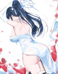 Rule 34 | 1girl, absurdres, artist name, ass, back, black hair, blue archive, blue eyes, blue halo, breasts, cowboy shot, dress, elbow gloves, flower, from behind, garter straps, gloves, halo, highres, large breasts, long hair, nekoya (liu), official alternate costume, red flower, saori (blue archive), saori (dress) (blue archive), signature, simple background, solo, thighhighs, white background, white dress, white gloves, white thighhighs