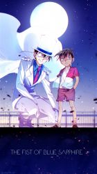 Rule 34 | 2boys, blue eyes, blue shirt, blurry, blurry background, brown footwear, brown hair, cape, child, closed mouth, collared shirt, commentary request, copyright name, dress shirt, edogawa conan, english text, formal, full body, full moon, glint, gloves, hair between eyes, hands in pockets, hat, highres, jacket, kaitou kid, long sleeves, looking at viewer, looking down, magic kaito, male focus, maruko 11, meitantei conan, monocle, monocle chain, moon, multicolored shirt, multiple boys, necktie, night, night sky, no eyewear, open clothes, open shirt, outdoors, pants, railing, red neckwear, red shirt, sandals, serious, shirt, shoes, short hair, short sleeves, shorts, sky, smile, squatting, standing, star (sky), starry sky, suit, tan, top hat, white cape, white footwear, white gloves, white headwear, white jacket, white pants, white shirt, white suit