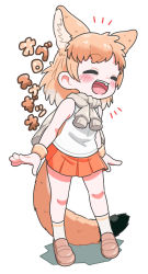 Rule 34 | 1girl, :d, animal ears, appleq, arms at sides, bare arms, bare legs, bare shoulders, blush, braid, brown hair, chibi, commentary request, extra ears, closed eyes, fox ears, fox tail, full body, grey hair, happy, highres, kemono friends, long hair, miniskirt, multicolored hair, open mouth, outstretched arms, outstretched hand, pale fox (kemono friends), pleated skirt, shirt, shoes, single braid, skirt, sleeveless, sleeveless shirt, smile, socks, solo, standing, sweater, sweater around neck, tail, teeth, two-tone hair, upper teeth only, white background, |d