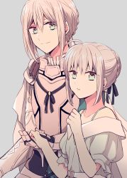 Rule 34 | 1boy, 1girl, ahoge, alternate costume, armor, bedivere (fate), black ribbon, braid, cape, closed mouth, collarbone, commentary request, dress, earrings, fate/grand order, fate (series), formal, french braid, gray (fate), green dress, green eyes, grey background, grey hair, hair between eyes, hair ribbon, hair tubes, holding hands, holding, jewelry, knight, long hair, looking at viewer, lord el-melloi ii case files, parted lips, prosthesis, prosthetic arm, ribbon, rikko (riccovich), short hair, simple background, smile, star (symbol), star earrings