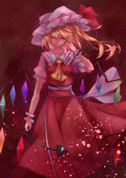 Rule 34 | absurdres, ascot, blonde hair, breasts, calpis118, closed mouth, flandre scarlet, frilled shirt collar, frills, hair between eyes, hand in own hair, hat, hat ribbon, highres, holding, holding polearm, holding weapon, laevatein (touhou), long skirt, looking at viewer, medium hair, mob cap, polearm, puffy short sleeves, puffy sleeves, rainbow order, red background, red eyes, red ribbon, red skirt, red theme, ribbon, shirt, short sleeves, side ponytail, skirt, small breasts, solo, touhou, weapon, white hat, white shirt, wings, wrist cuffs, yellow ascot