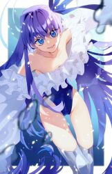 Rule 34 | 1girl, absurdres, armpits, bare shoulders, blue background, blue eyes, blue one-piece swimsuit, border, breasts, cleavage, collarbone, eyelashes, fate/grand order, fate (series), feet out of frame, frilled one-piece swimsuit, frills, highleg, highleg swimsuit, highres, kujiraoka, leaning forward, light particles, long hair, looking at viewer, meltryllis, meltryllis (fate), meltryllis (swimsuit lancer) (fate), one-piece swimsuit, parted lips, prosthesis, prosthetic leg, purple hair, sleeves past wrists, small breasts, solo, strapless, strapless one-piece swimsuit, swimsuit, very long hair, white border