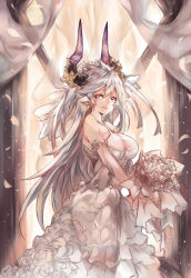 Rule 34 | 1girl, absurdres, bare shoulders, bouquet, breasts, bridal veil, bride, criss-cross halter, draph, dress, earrings, elbow gloves, fang, flower, frills, gloves, granblue fantasy, grey hair, hair between eyes, hair flower, hair ornament, hair ribbon, halterneck, highres, horns, jewelry, large breasts, long hair, looking at viewer, looking to the side, mi bait, petals, red eyes, ribbon, rose, smile, solo, threo (granblue fantasy), veil, very long hair, wedding, wedding dress, white dress, white flower, white gloves, white ribbon