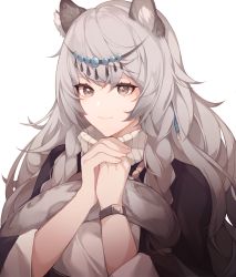 Rule 34 | 1girl, absurdres, animal ear fluff, animal ears, arknights, bad id, bad pixiv id, black cloak, braid, breasts, circlet, cloak, closed mouth, commentary, earrings, eyelashes, grey eyes, hair between eyes, highres, jewelry, leopard ears, leopard tail, long hair, looking at viewer, medium breasts, own hands together, pramanix (arknights), ribbed sweater, saibe, side braids, silver hair, simple background, single earring, smile, solo, sweater, tail, tassel, tassel earrings, turtleneck, turtleneck sweater, twin braids, upper body, white background, white sweater, wristband