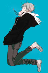 Rule 34 | 1boy, absurdres, akira (togainu no chi), blue background, blue eyes, dynamic pose, from side, full body, fur-trimmed hood, fur trim, grey hair, hair between eyes, hands in pockets, highres, hood, hooded jacket, jacket, jewelry, jumping, looking ahead, male focus, midair, necklace, pants, profile, short hair, solo, togainu no chi, tomikko