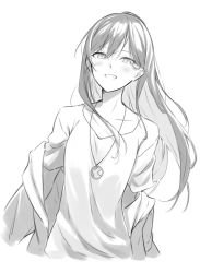 Rule 34 | 1girl, bang dream!, blush, greyscale, grin, hair between eyes, hanazono tae, highres, jewelry, long hair, looking at viewer, monochrome, off-shoulder jacket, off shoulder, pendant, shirt, sketch, smile, solo, sou (kanade 3344), t-shirt, upper body, white background