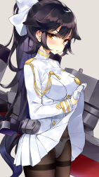 Rule 34 | 1girl, azur lane, black hair, blush, breasts, closed mouth, clothes lift, from side, gloves, grey background, hair flaps, half gloves, highres, large breasts, lifting own clothes, long hair, looking at viewer, military, military uniform, mirei, panties, panties under pantyhose, pantyhose, ponytail, rigging, simple background, skirt, skirt lift, solo, takao (azur lane), thighband pantyhose, underwear, uniform, very long hair, white gloves, white panties, yellow eyes