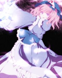 Rule 34 | 1girl, bow, female focus, frills, hat, long skirt, long sleeves, open mouth, outstretched arms, pink eyes, pink hair, saigyouji yuyuko, skirt, solo, touhou, triangular headpiece, wide sleeves, yuha (yh-krm)