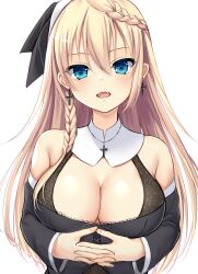 Rule 34 | 1girl, absurdres, armpit crease, bare shoulders, black dress, blonde hair, blue eyes, blush, braid, breasts, cleavage, commentary request, cross, cross earrings, detached collar, detached sleeves, dress, earrings, fangs, french braid, hair between eyes, highres, interlocked fingers, jewelry, kousaki fiona annabel, large breasts, long hair, looking at viewer, ncontrail (mgax7527), open mouth, own hands together, simple background, single braid, sleeveless, sleeveless dress, solo, sorcery jokers, straight-on, straight hair, teeth, upper body, upper teeth only, very long hair, white background, wide sleeves