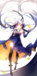 Rule 34 | 1girl, black thighhighs, blue dress, collarbone, detached sleeves, dress, highres, long hair, open mouth, orange eyes, silver hair, solo, thighhighs, very long hair, vocaloid, xingchen, you hashira