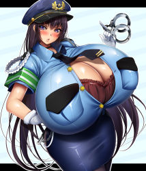 Rule 34 | 1girl, :o, black hair, blush, bra, breasts, cleavage, cuffs, curvy, gigantic breasts, gloves, handcuffs, hat, long hair, looking at viewer, mikan (5555), necktie, original, pantyhose, police, police hat, police uniform, policewoman, purple eyes, purple hair, skirt, solo, thick thighs, thighs, underwear, uniform, white gloves