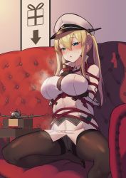 Rule 34 | 1girl, :o, arms behind back, arrow (symbol), bdsm, between breasts, black hat, black pantyhose, blonde hair, blue eyes, blush, bondage, bound, breasts, breath, chou shippai-saku, commentary request, couch, cross, crotch seam, foreshortening, graf zeppelin (kancolle), hair between eyes, half-closed eyes, hat, heavy breathing, highres, indoors, iron cross, kantai collection, large breasts, layered sleeves, long hair, military, military uniform, necktie, necktie between breasts, no pants, nose blush, on couch, panties, panties under pantyhose, pantyhose, parted lips, peaked cap, red necktie, shibari, shibari over clothes, sidelocks, sitting, solo, sweat, thighband pantyhose, thighs, toy airplane, tsurime, twintails, underwear, uniform, white hat