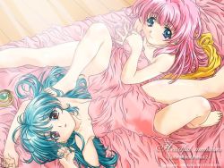 Rule 34 | 2girls, aftersex, aqua hair, armpits, barefoot, bed, bed sheet, blue eyes, breasts, cleavage, covering privates, feet, jewelry, little witch parfait, lutill el salre, lying, multiple girls, nude, nude cover, on back, parfait shucrell, parfait sucreal, pink hair, red eyes, ribbon, small breasts, smile, uon taraku, yuri