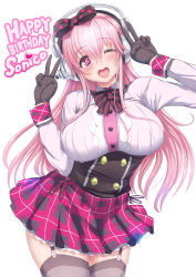Rule 34 | 1girl, blush, breasts, double v, garter belt, gloves, headphones, large breasts, long hair, looking at viewer, miyamoto issa, nitroplus, one eye closed, open mouth, pink eyes, pink hair, skirt, smile, solo, super sonico, thighhighs, v, v over eye