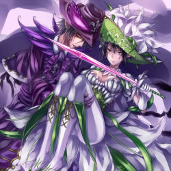 Rule 34 | 10s, ankle boots, black hair, black lily musketeer hermann, boots, breasts, cardfight!! vanguard, cleavage, flower, frills, hat, neo nectar, pantyhose, short hair, sukumo (kemutai), sword, tattoo, weapon, white lily musketeer cecilia, yellow eyes