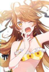 Rule 34 | 1girl, bare arms, bare shoulders, bikini, blurry, blush, breasts, brown eyes, cleavage, depth of field, earrings, fang, floral print, frilled bikini, frills, gim (gim-gim-3919), glint, hair ribbon, hand up, highres, jewelry, long hair, looking at viewer, one eye closed, open mouth, orange eyes, orange nails, outstretched arm, re:act, ribbon, ring, shishigami leona, small breasts, smile, solo, sparkle, sunflower print, swimsuit, tail, twitter username, two side up, upper body, virtual youtuber, yellow bikini