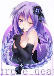 Rule 34 | 10s, 1girl, ;), alternate costume, blue eyes, braid, breasts, character name, cleavage, female focus, finger to mouth, flower, hair flower, hair ornament, long hair, neptune (neptunia), neptune (series), one eye closed, purple hair, purple heart (neptunia), purple heart (goddesses&#039; promise), revision, simple background, smile, solo, suishin tenra, suitenjh, symbol-shaped pupils, twin braids, very long hair