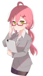 Rule 34 | 1girl, adjusting eyewear, ahoge, alternate costume, bespectacled, black pantyhose, blush, closed mouth, cropped legs, formal, glasses, green eyes, grey jacket, grey skirt, hair between eyes, hair ornament, hairclip, hand up, highres, holding, hololive, jacket, long hair, looking at viewer, low twintails, meito (maze), pantyhose, pencil skirt, pink hair, red-framed eyewear, sakura miko, semi-rimless eyewear, simple background, skirt, skirt suit, smile, solo, suit, twintails, under-rim eyewear, very long hair, virtual youtuber, white background, x hair ornament
