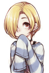 Rule 34 | 1girl, blonde hair, brown eyes, choker, ear piercing, earrings, expressionless, hair over one eye, haruhito (divineshalt), idolmaster, idolmaster cinderella girls, jewelry, looking at viewer, piercing, shirasaka koume, shirt, short hair, simple background, sleeves past fingers, sleeves past wrists, solo, striped clothes, striped shirt, studded choker, upper body, white background